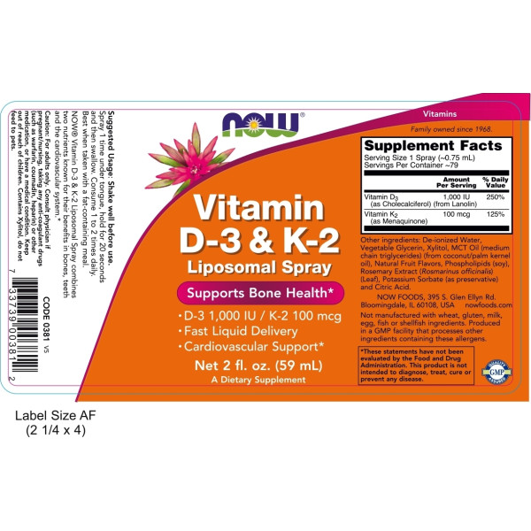 NOW Vitamin D3 1000IU & K 100MCG  Liposomal Spray  2 FL OZ