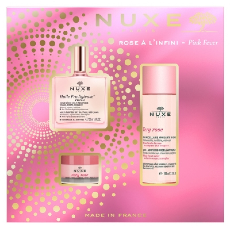 Nuxe XMAS SET Pink Fever Huile Prodigieuse Floral Dry Oil 50ml, Very Rose Micellaire 100ml & Very Rose Balm 15ml.